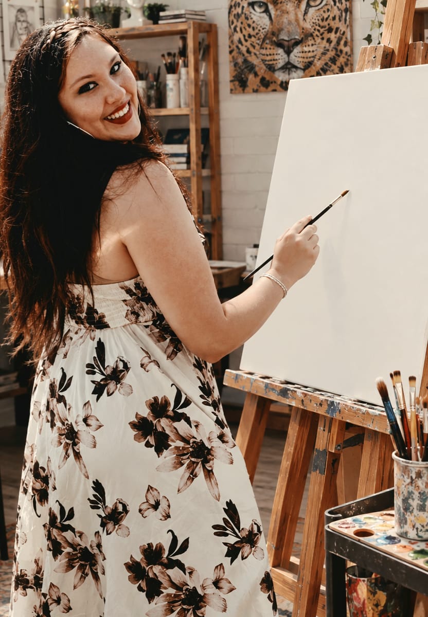 Juanyse smiling at her easel with a paintbrush